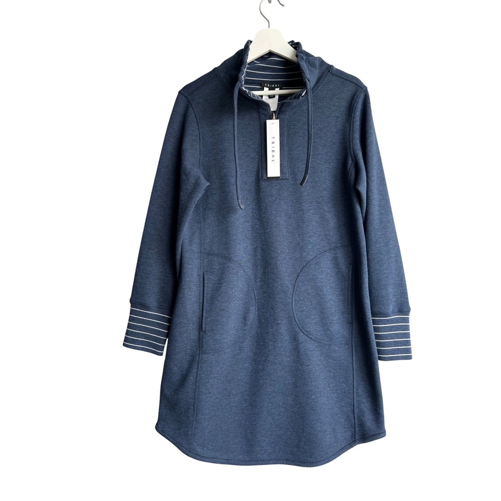 NWT Tribal Inverse Moi Reversible Quarter Zip Tunic Sweater Navy Blue Striped  M